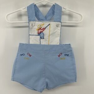 VINTAGE MAYFAIR INFANT BABY BOY 0-3 MONTH EMBROIDERY WHITE & BLUE ROMPER SUNSUIT